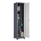 Metal Broom Storage Cabinet, 65' Narrow Slim Utility Cabinet with Hooks and Shelves, White Finish, Heavy-Duty Steel Construct