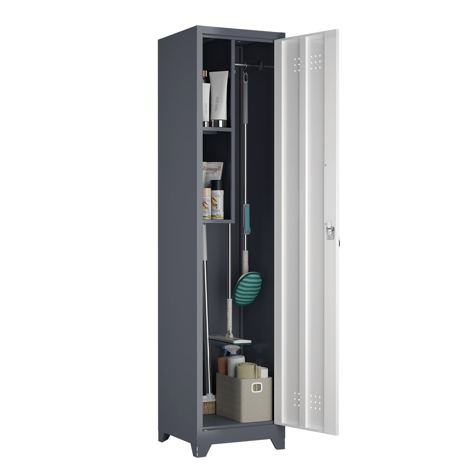 Metal Broom Storage Cabinet, 65' Narrow Slim Utility Cabinet with Hooks and Shelves, White Finish, Heavy-Duty Steel Construct