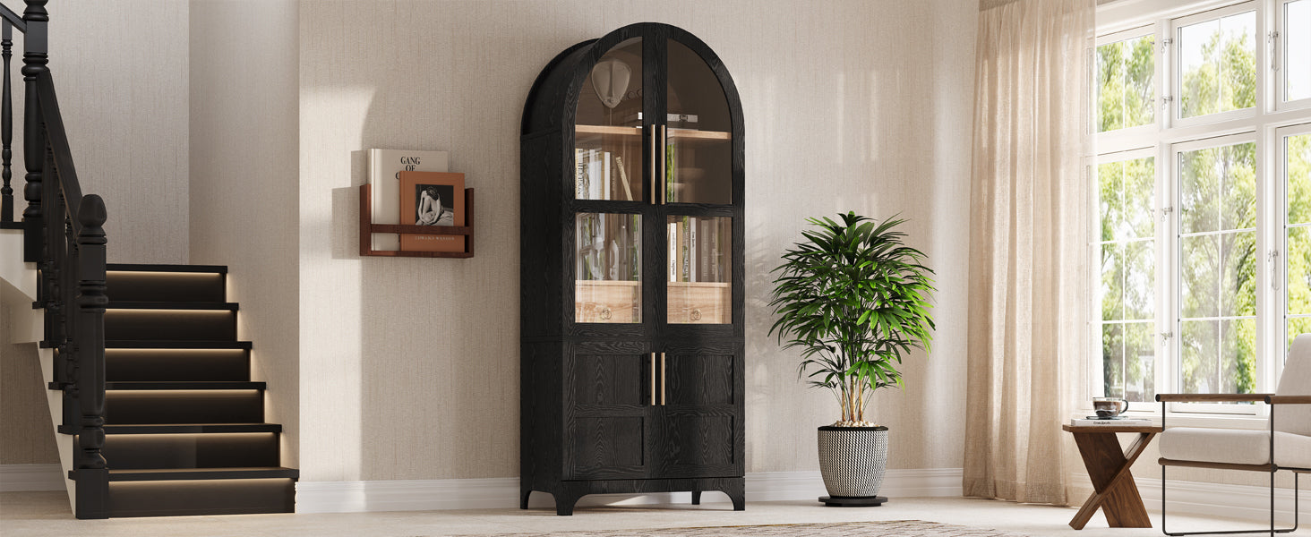 K&K 71' Tall Arched Kitchen Pantry Cabinet with Door Shelves, Farmhouse Kitchen Storage Cabinet with Open & Adjustable Shelves, Hidden Drawer & Glass Door, Cupboard for Kitchen, Dining Room, Black - Grand Goldman Shop