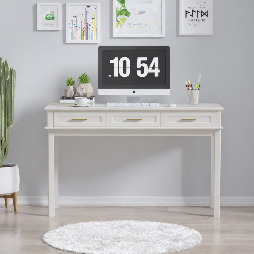 Cream White Vanity Desk with 3 Drawers, Modern Makeup Table or Writing Desk, Multipurpose Dressing Table for Bedroom, No Mirror Included - Grand Goldman Shop