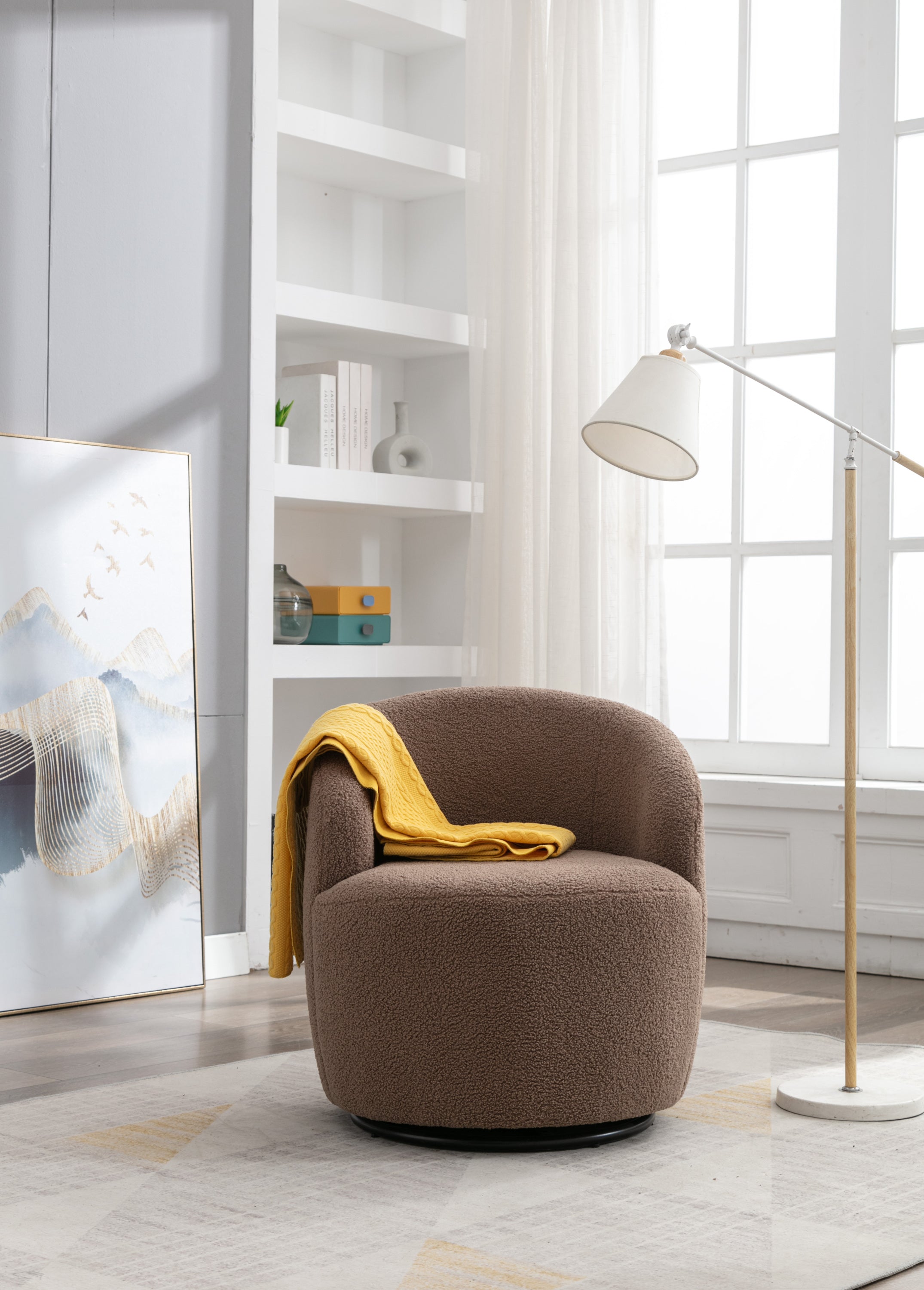 Teddy Fabric Swivel Accent Armchair Barrel Chair With Black Powder Coating Metal Ring,Coffee Brown - Grand Goldman Shop