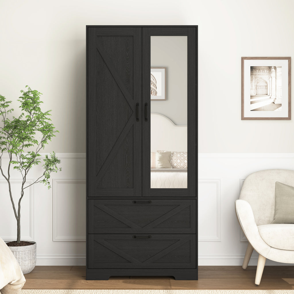 2 Door Wood Wardrobe for Bedroom with Hanging Clothing Rod inside the Cabinet and 2 Drawers for Storage Organization, Built-in induction light Multifunctional Closet with Mirror, Black - Grand Goldman Shop