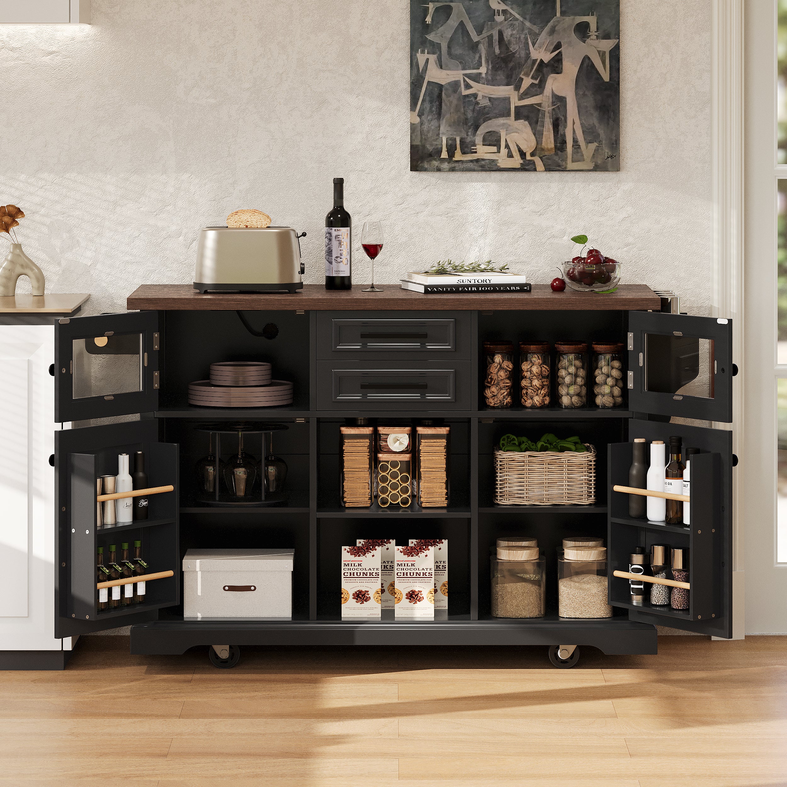 K&K 54.9' Kitchen Island with Drop Leaf, Power Outlet, Kitchen Storage Cart with 4 Door Shelves, Cross Barn Doors & Visual Glass Door, Rolling Kitchen Island on 4 Wheels for Kitchen, Dining Room,Black - Grand Goldman Shop