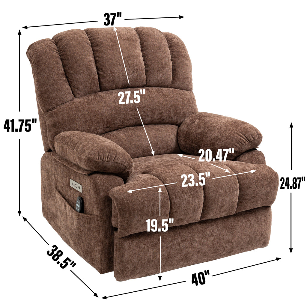 23' Seat Width and High Back Large Size Chenille Power Lift Recliner Chair with 8-Point Vibration Massage and Lumbar Heating, Brown - Grand Goldman Shop