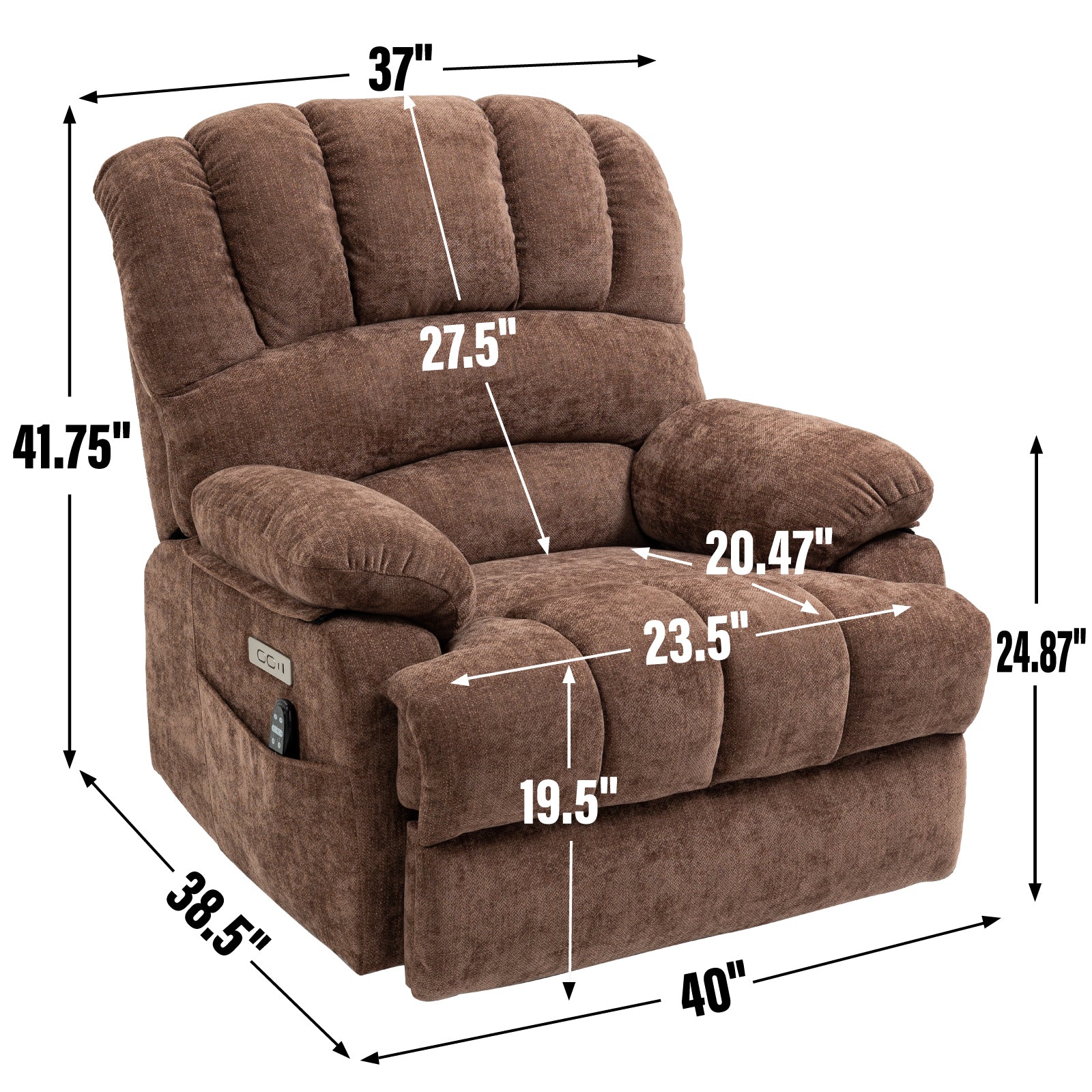 23' Seat Width and High Back Large Size Chenille Power Lift Recliner Chair with 8-Point Vibration Massage and Lumbar Heating, Brown - Grand Goldman Shop