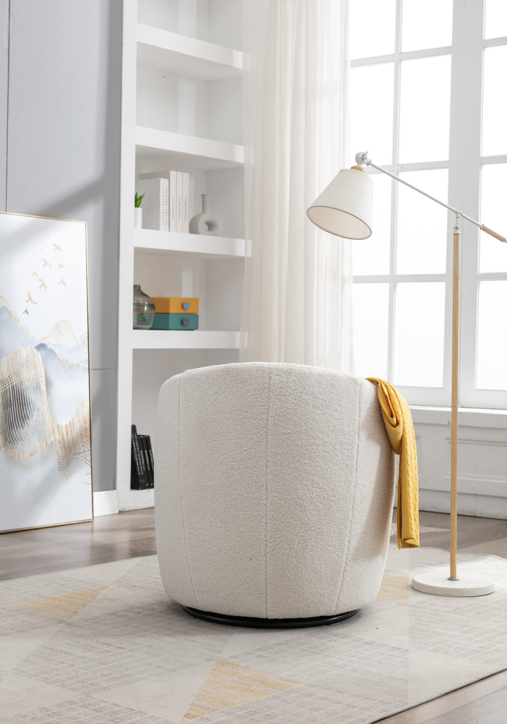 Teddy Fabric Swivel Accent Armchair Barrel Chair With Black Powder Coating Metal Ring,Ivory White - Grand Goldman Shop