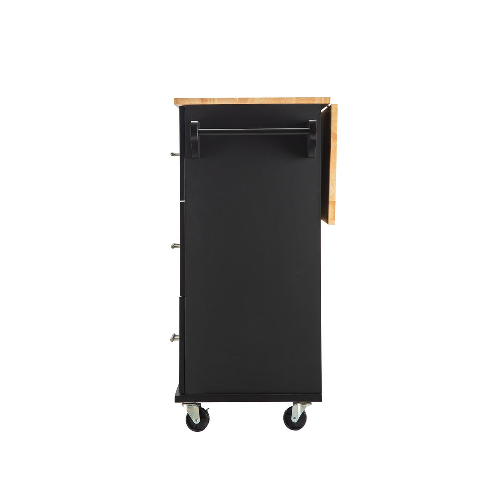 Kitchen Island & Kitchen Cart, Mobile Kitehcn Island with Extensible Rubber Wood Table Top,adjustable Shelf Inside Cabinet for Different Utensils, 3 Big Drawers, with Spice Rack, Towel Rack, Black-Bee - Grand Goldman Shop