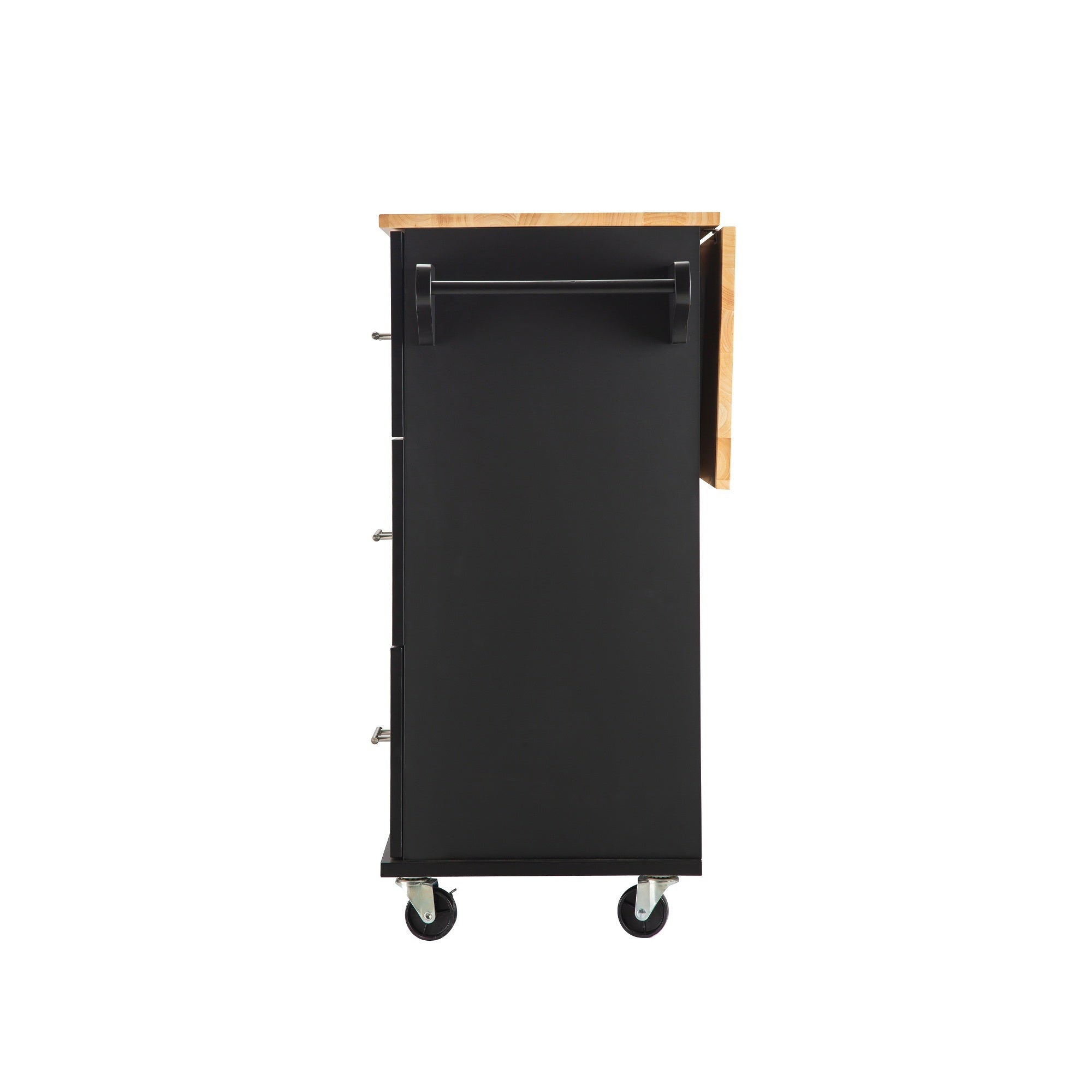 Kitchen Island & Kitchen Cart, Mobile Kitehcn Island with Extensible Rubber Wood Table Top,adjustable Shelf Inside Cabinet for Different Utensils, 3 Big Drawers, with Spice Rack, Towel Rack, Black-Bee - Grand Goldman Shop