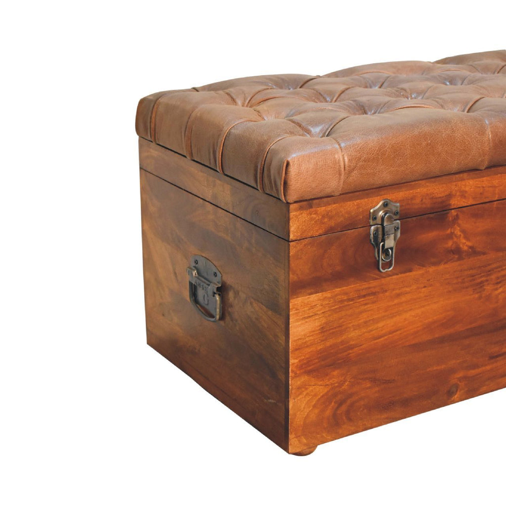 Solid Wood Buffalo Leather Upholstered Hide Chestnut Storage Trunk, Tan & Brown - Grand Goldman Shop