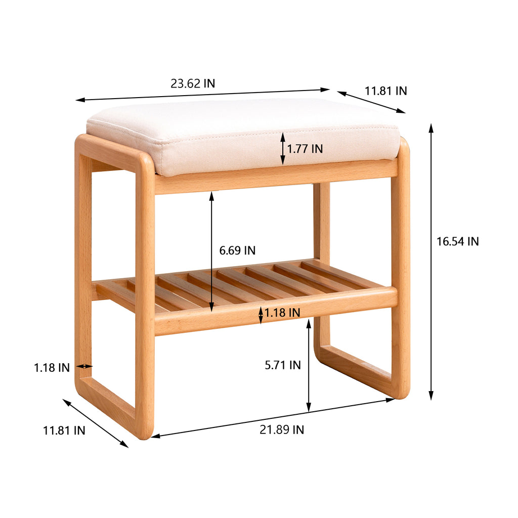 Natural Solid Wood Shoe Bench with Beech Wood Storage Rack Organizer and High Rebound Sponge Cushion in Beige - Grand Goldman Shop