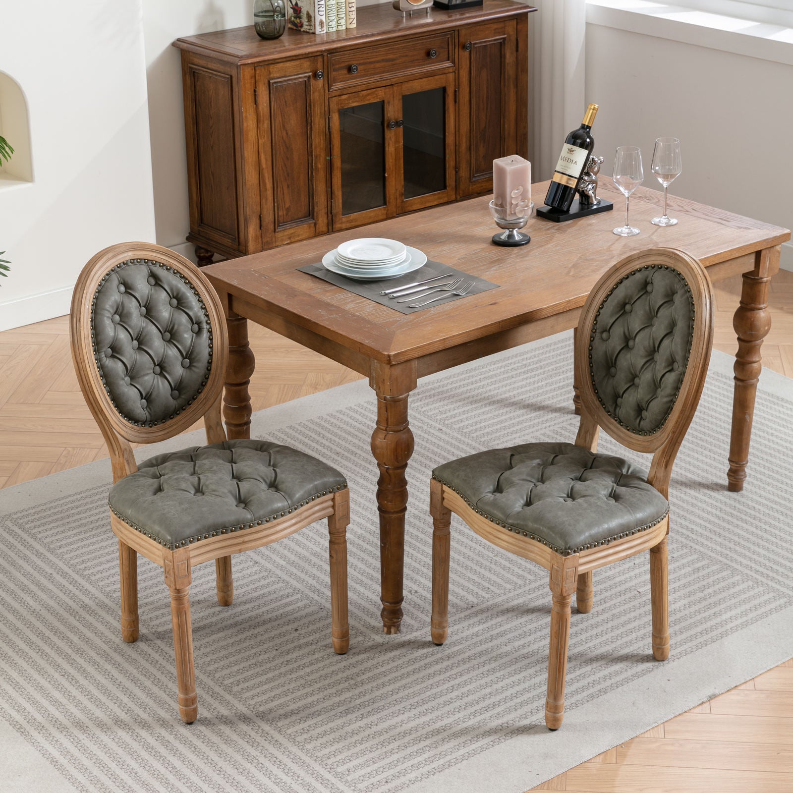French Style Solid Wood Frame Antique Painting,Hand-pulled buckle decoration PU artificial leather Dining Chair with Nailhead Trim ,Wood Legs,Set of 2,White Pine Green,SW1839WP - Grand Goldman Shop