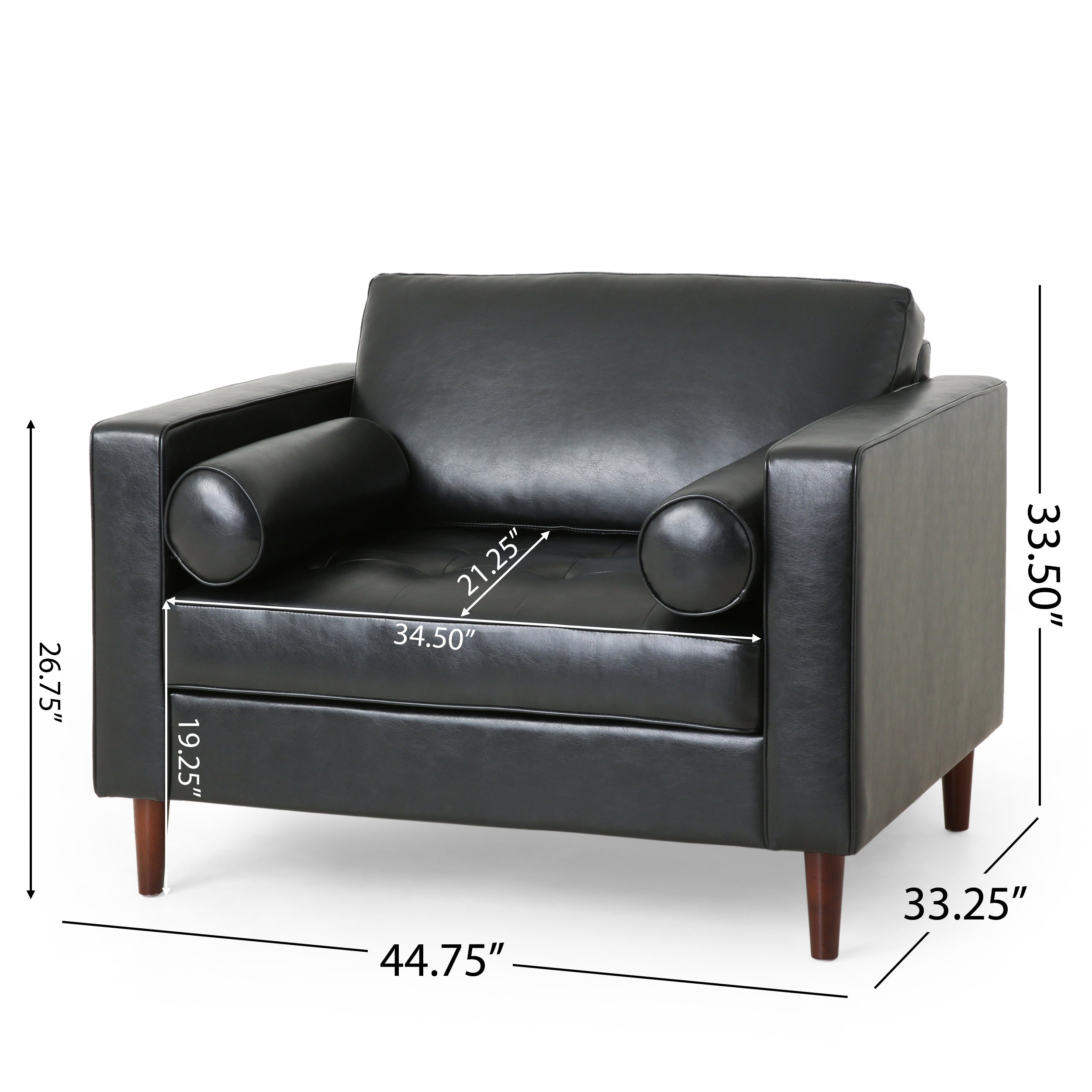 Sophisticated Faux Leather Club Chair with Birch Wood Legs in Black, 44.75 x 33.25 x 33.50 inches - Grand Goldman Shop