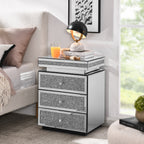 Mirrored Nightstand with 3 Drawers, Silver Nightstand with Crystal Inlay, Mirror End Table, Modern Bedside Table, Glass Table for Bedroom, 13.8''W x 17.7' L x 23.6' H - Grand Goldman Shop