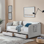 Linen Beige Twin Size Upholstered Daybed with Trundle and Storage Drawers, Flat Arms with Pocket, Extendable for Bedroom or Living Room - Grand Goldman Shop