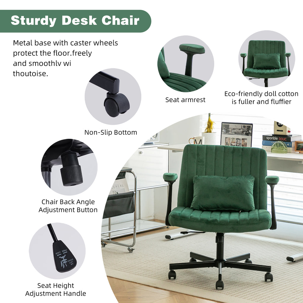 Green Velvet Criss Cross Armrest Office Chair with Wheels - Modern for Home Office, Meditation & Creative Work - Grand Goldma
