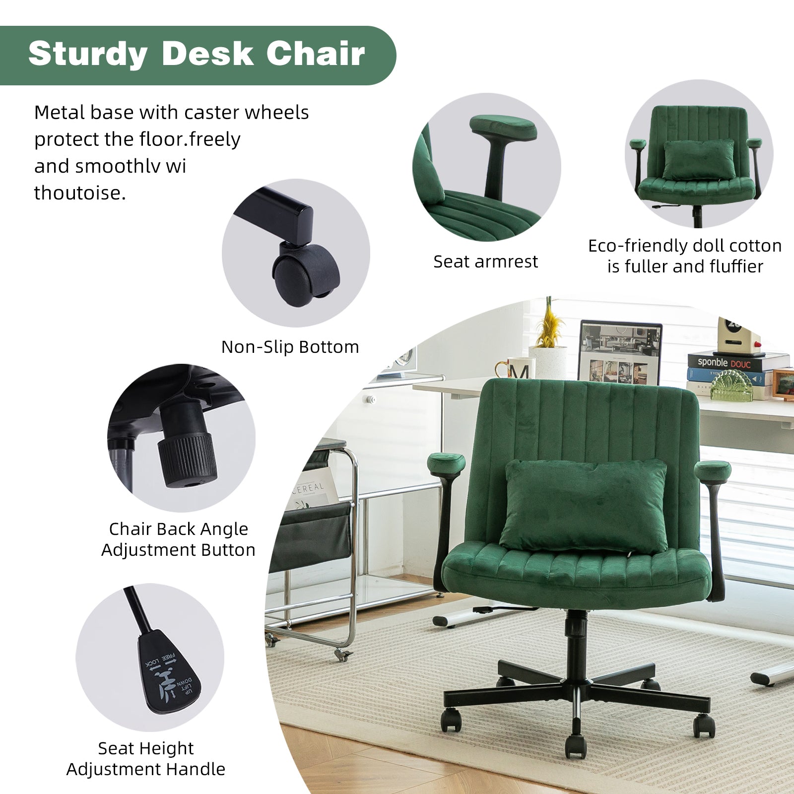 Green Velvet Criss Cross Armrest Office Chair with Wheels - Modern for Home Office, Meditation & Creative Work - Grand Goldma