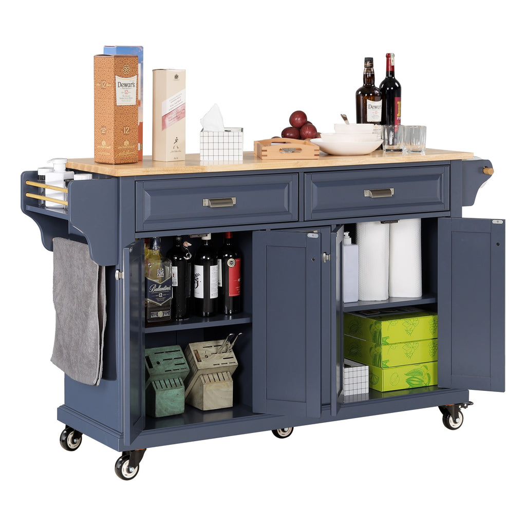 Kitchen Island with Rubber wood Countertop, Kitchen Cart on 5 Wheels with Storage Cabinet and 2 Top Drawers and A center double layered storage drawer for Dinning Room, Blue - Grand Goldman Shop