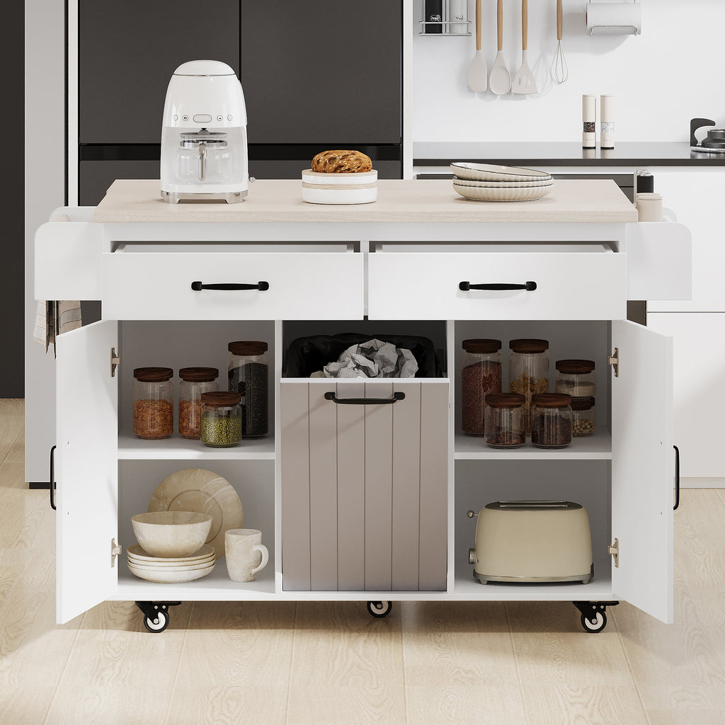 K&K Kitchen Island with Trash Can Storage Cabinet, Kitchen Cart with Drop Leaf, Spice Rack, Towel Rack and Drawer, Rolling Kitchen Island on Wheels with Adjustable Shelf, White - Grand Goldman Shop