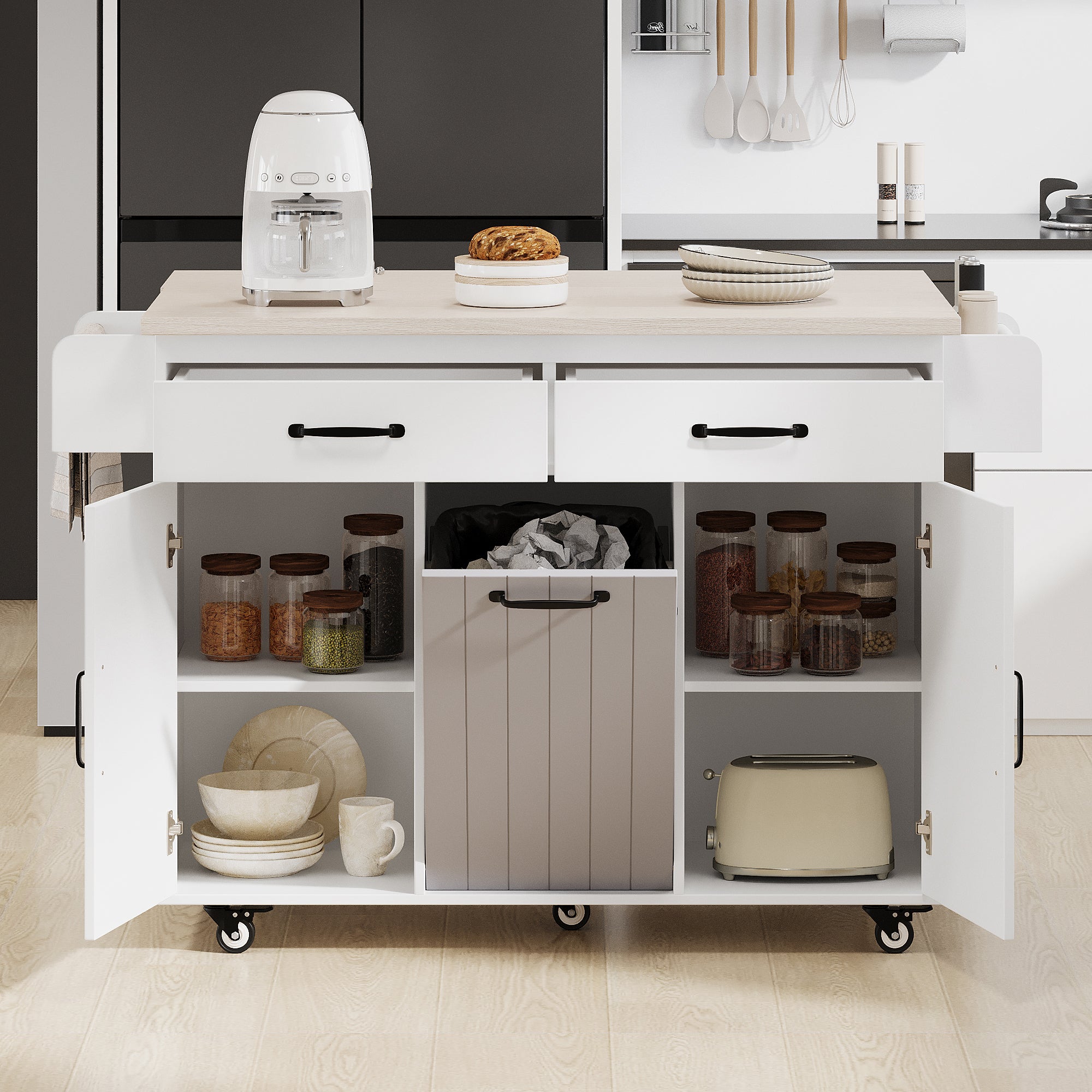 K&K Kitchen Island with Trash Can Storage Cabinet, Kitchen Cart with Drop Leaf, Spice Rack, Towel Rack and Drawer, Rolling Kitchen Island on Wheels with Adjustable Shelf, White - Grand Goldman Shop
