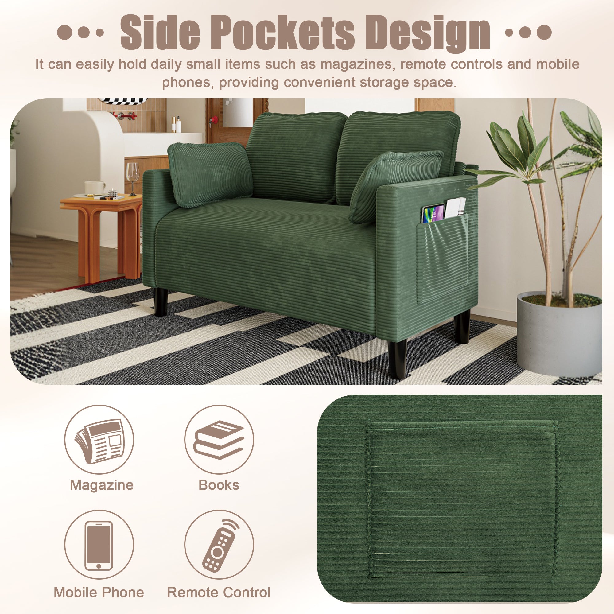 48' Soft Corduroy Loveseat Couch W/Soft Cushions,Side Storage Pocket,Sturdy Composite Board & Solid Wood Frame, High Rebound Sponge,Easy Assembly,Ideal for Living Room,Apartment,Dorm,Office. - Grand Goldman Shop