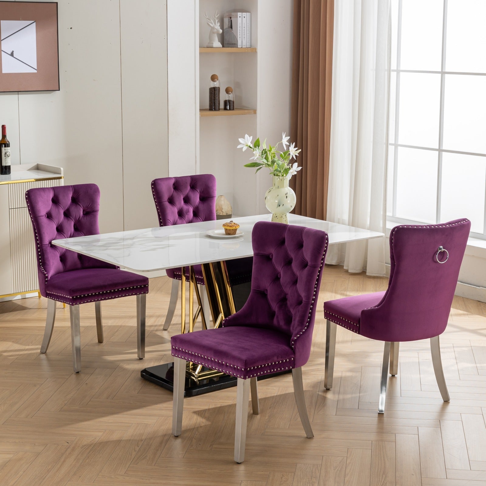Nikki Collection Modern, High-end Tufted Solid Wood Contemporary Velvet Upholstered Dining Chair with Chrome Stainless Steel Plating Legs,Nailhead Trim,Set of 2,Purple and Chrome, SW1701PP - Grand Goldman Shop