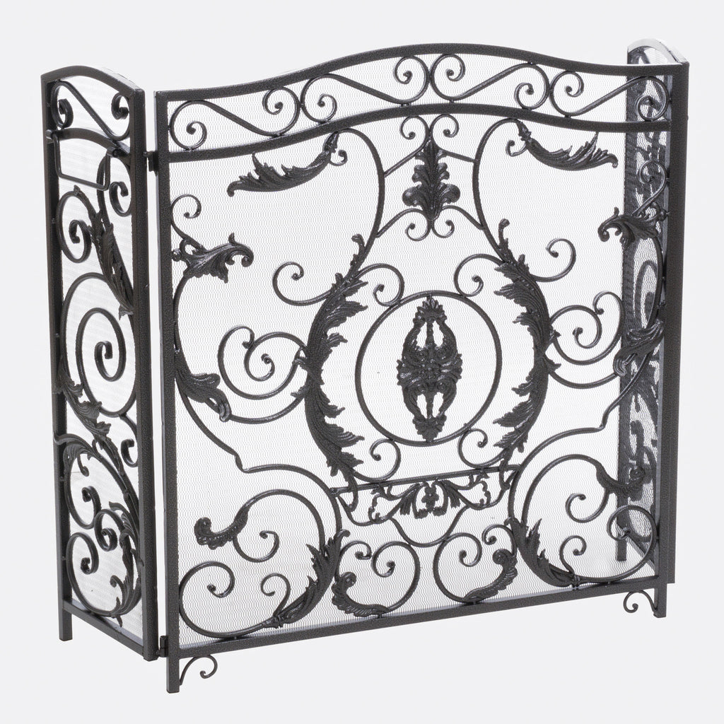 Mariella Traditional Floral Iron Fireplace Screen with Ornate Design in Black Brushed Silver Finish - Grand Goldman Shop