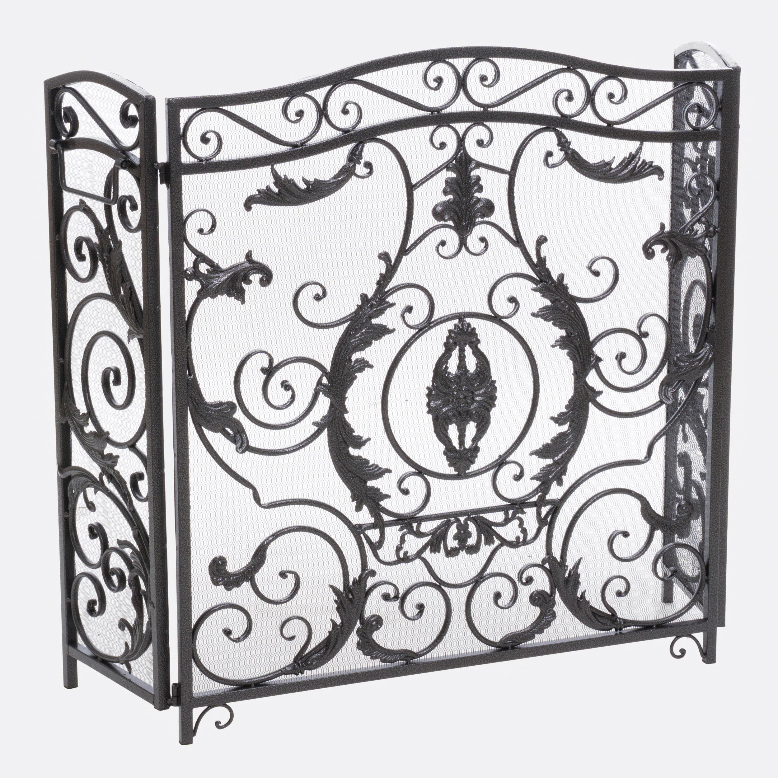 Mariella Traditional Floral Iron Fireplace Screen with Ornate Design in Black Brushed Silver Finish - Grand Goldman Shop