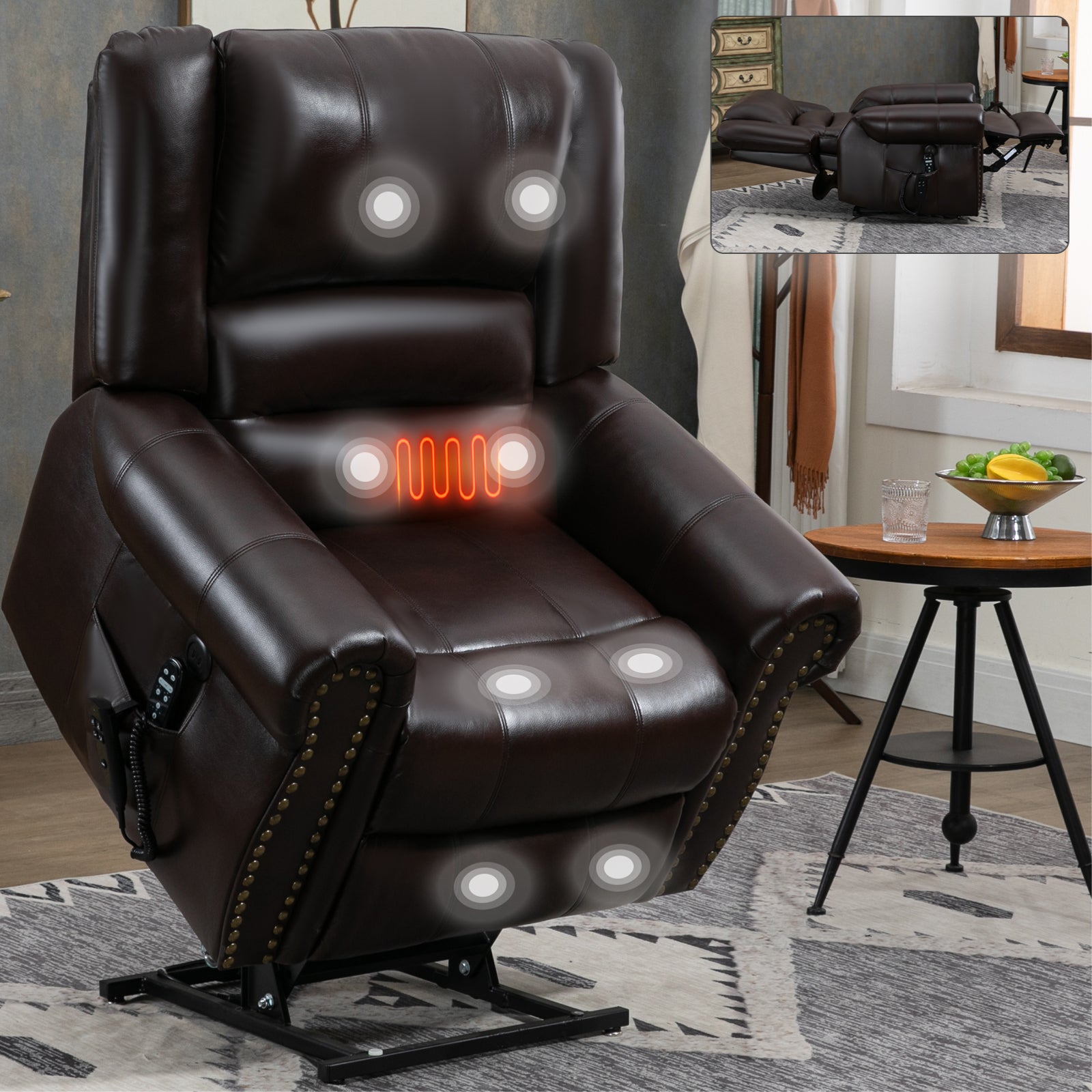 Power Lift Recliner Chair Heat Massage Dual Motor Infinite Position Up to 350 LBS, Faux Leather, Heavy Duty Motion Mechanism with USB Ports, Brown - Grand Goldman Shop