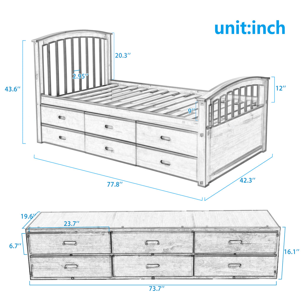 Orisfur. Twin Size Platform Storage Bed Solid Wood Bed with 6 Drawers - Grand Goldman Shop