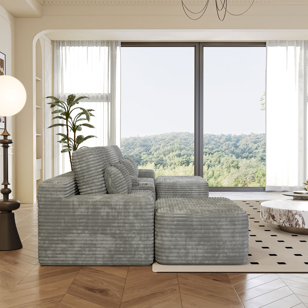 150''Width 5-piece Sectional Sofa with 2 Ottomans,Comfy U-shaped Sofa Couch for Living Room,Light Grey Plush Corduroy Fabric - Grand Goldman Shop