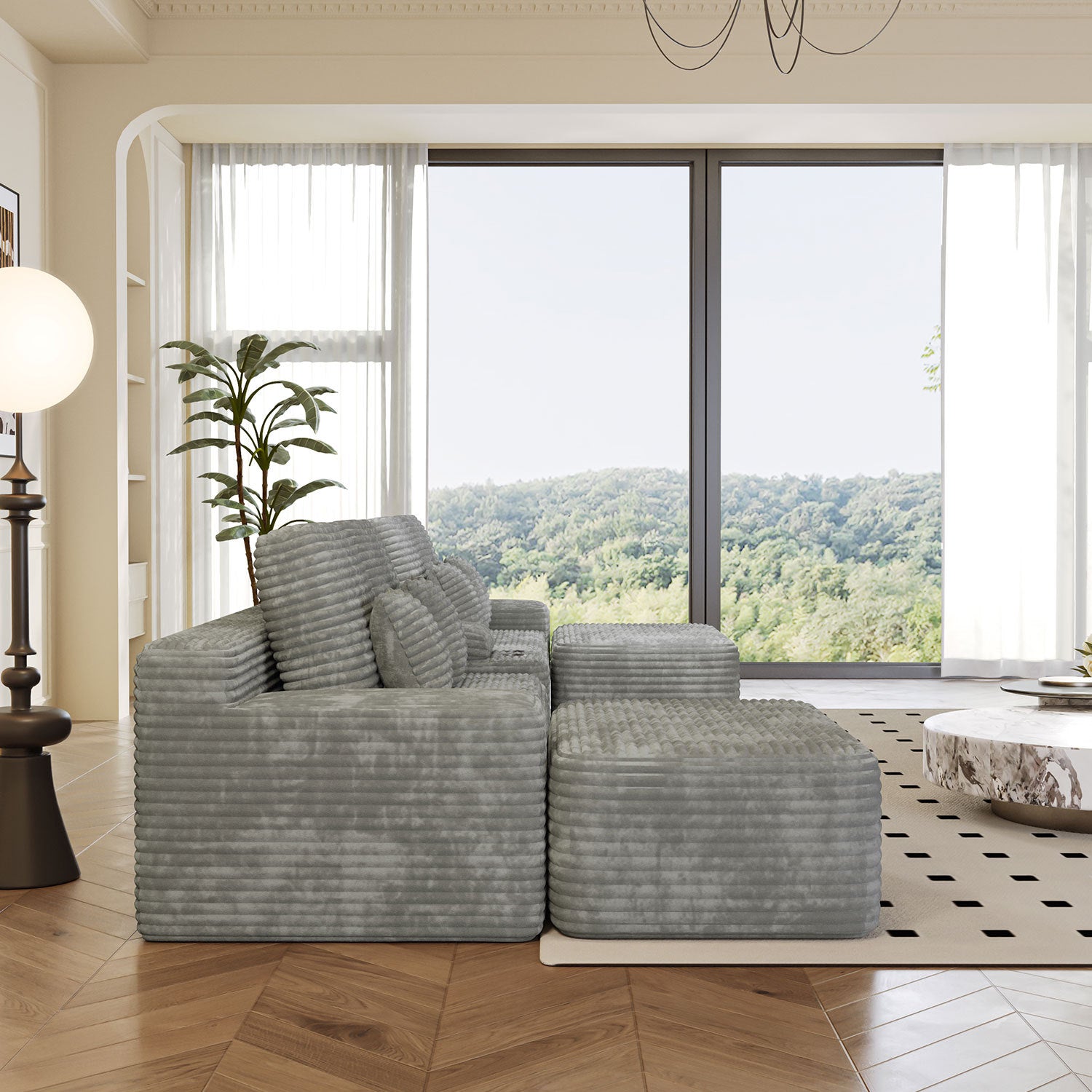 150''Width 5-piece Sectional Sofa with 2 Ottomans,Comfy U-shaped Sofa Couch for Living Room,Light Grey Plush Corduroy Fabric - Grand Goldman Shop