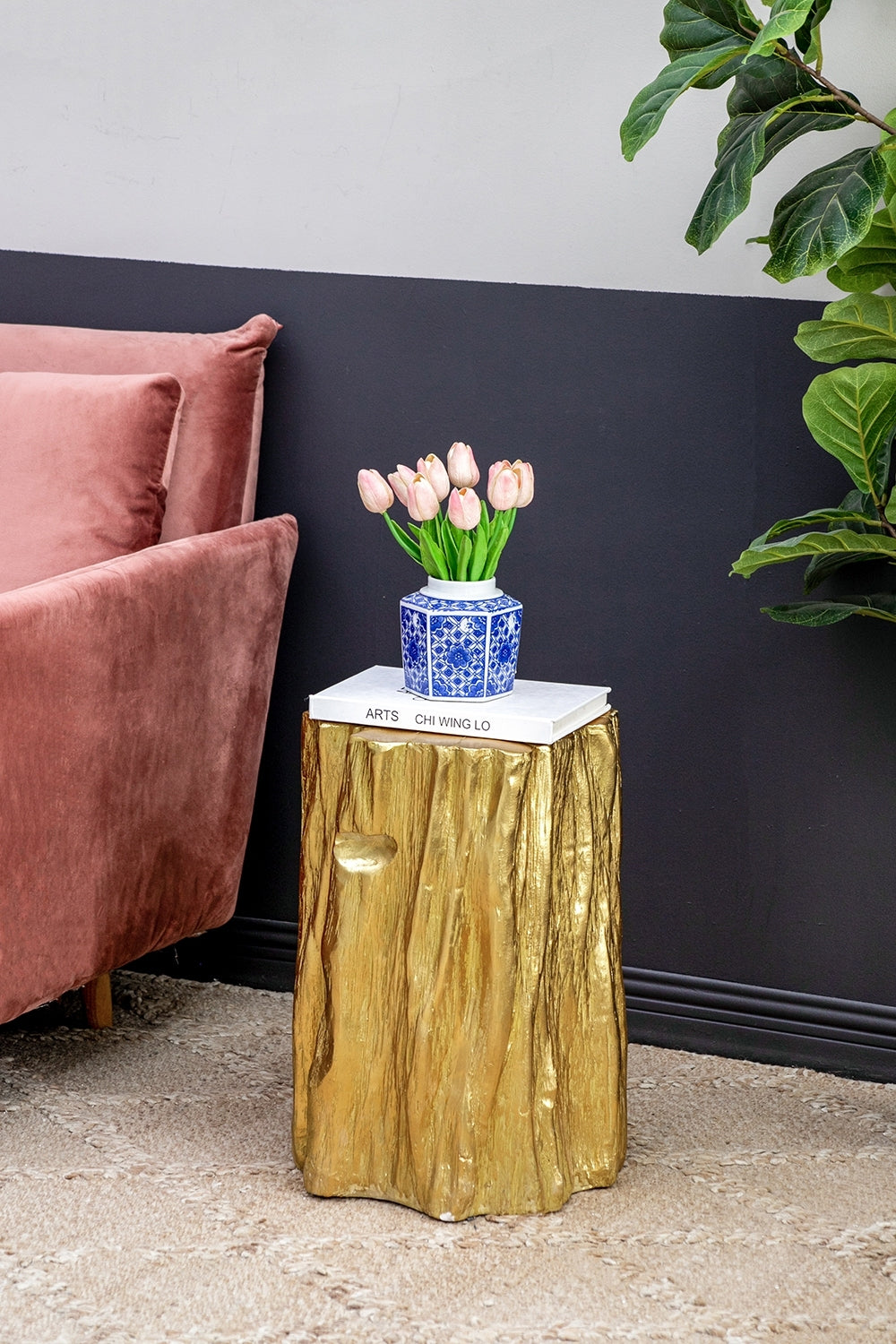 13.5x13x20' Unique Golden Tree Trunk Stool, Antique Gold Distressed Accent Side Table - Grand Goldman Shop