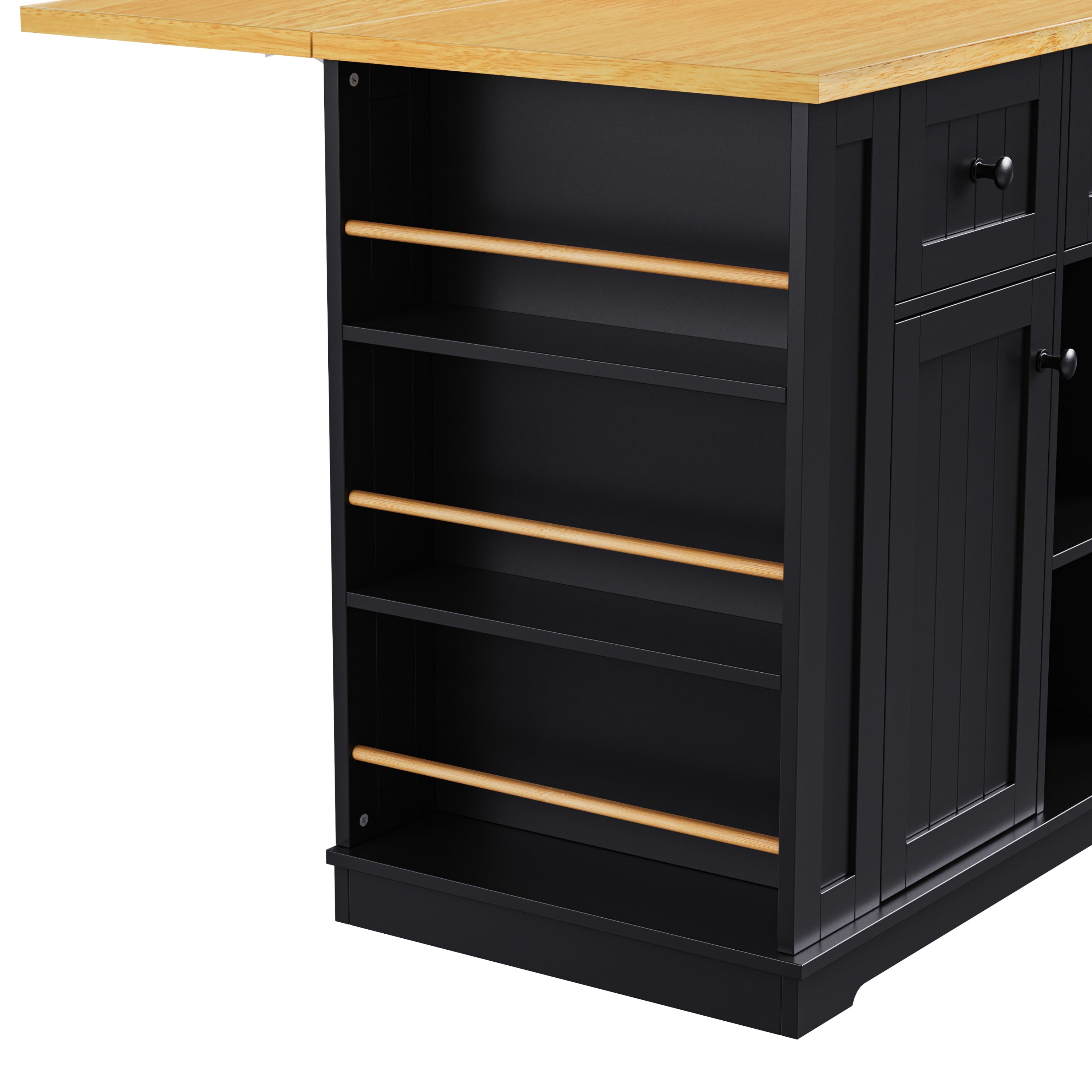 K&K 53inch Large Kitchen Island with 2 Bar Stools, Power Outlet,Door Internal Storage Rack, Kitchen Storage Cart on 5 Wheels with Drop Leaf, 5 Open Side Racks, 3 Drawers,Black (Three Packages) - Grand Goldman Shop
