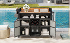 K&K 52.8'W Wicker Outdoor Grill Cart with Extended Plastic Wood Table Top, Rolling Kitchen Island on Wheels with Storage Cabinet, for Patio Backyard Garden Poolside, Double Handle Design, Grey - Grand Goldman Shop