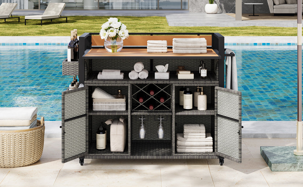 K&K 52.8'W Wicker Outdoor Grill Cart with Extended Plastic Wood Table Top, Rolling Kitchen Island on Wheels with Storage Cabinet, for Patio Backyard Garden Poolside, Double Handle Design, Grey - Grand Goldman Shop