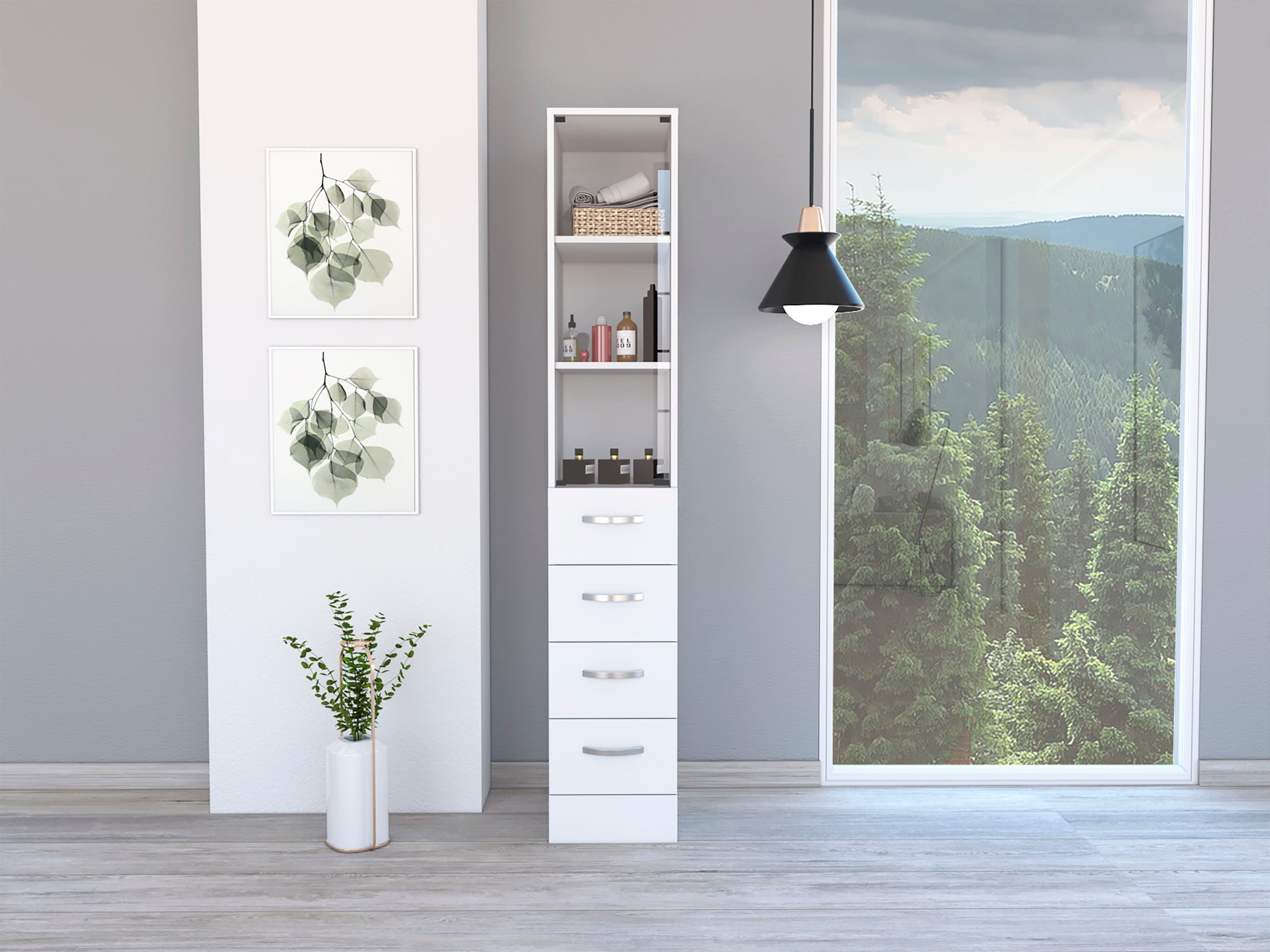 Vanguard Linen Cabinet, Three Shelves, Four Drawers -White - Grand Goldman