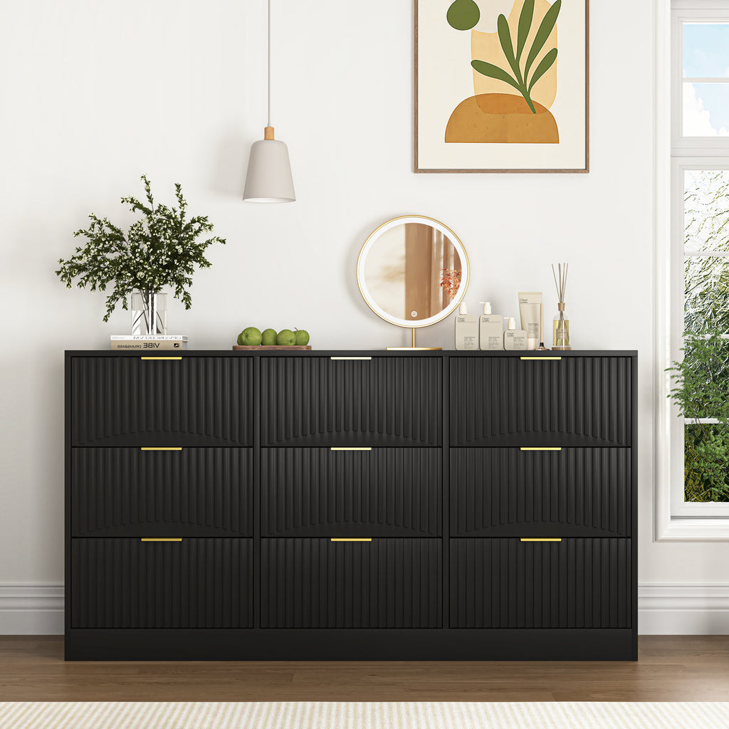 Black 9 Drawer Dresser, 63' Large Deep Chest of Drawers, Wooden Dresser Storage Cabinet with 9 Drawers for Bedroom, Long Dressers for Living Room, Hallway, Drawer panel with wavy patterns - Grand Goldman Shop