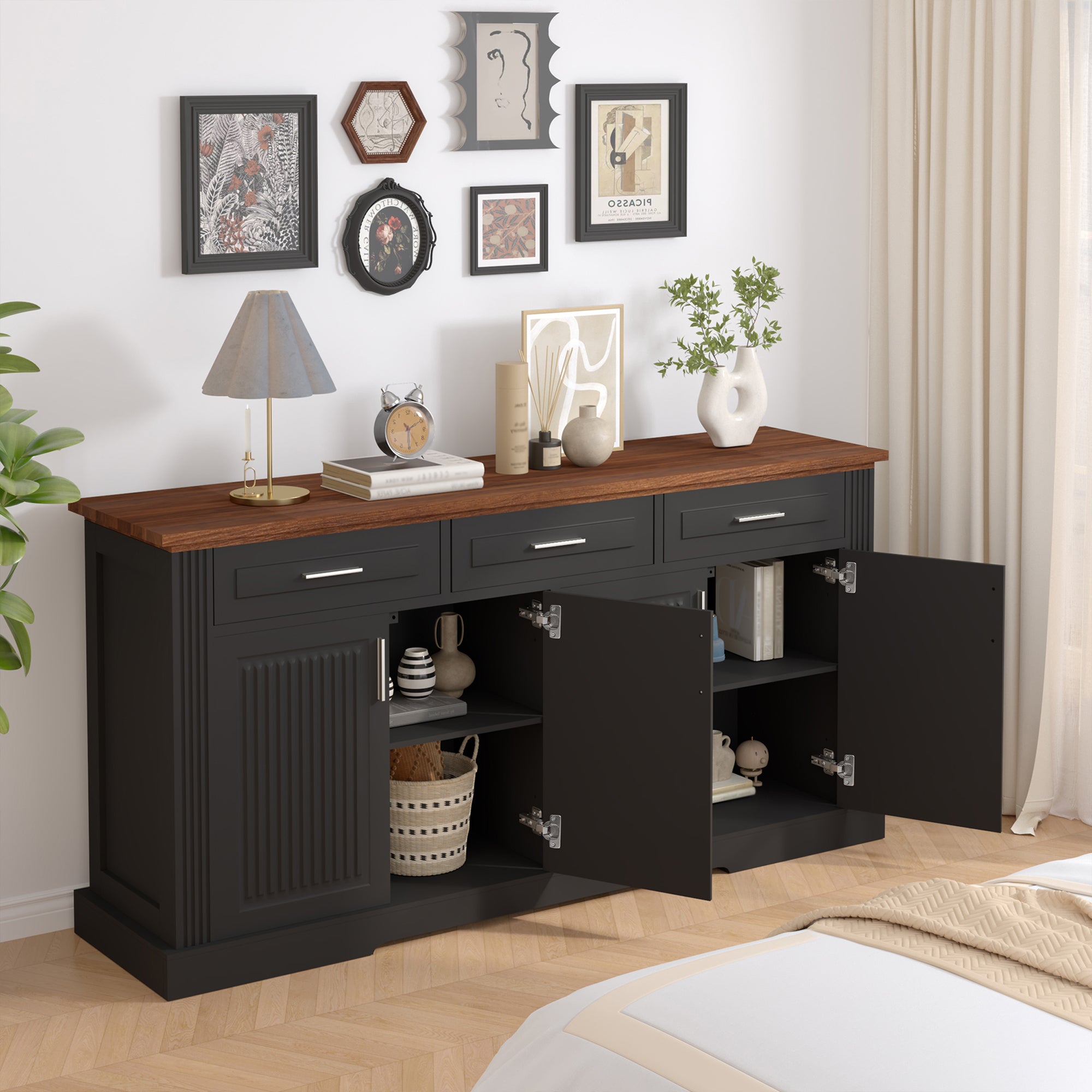 Black Fluted Sideboard Buffet Cabinet with 4 Doors and 3 Drawers, Modern Wood Kitchen Storage Console Table for Living Room Dining Room Entryway, 63' - Grand Goldman Shop