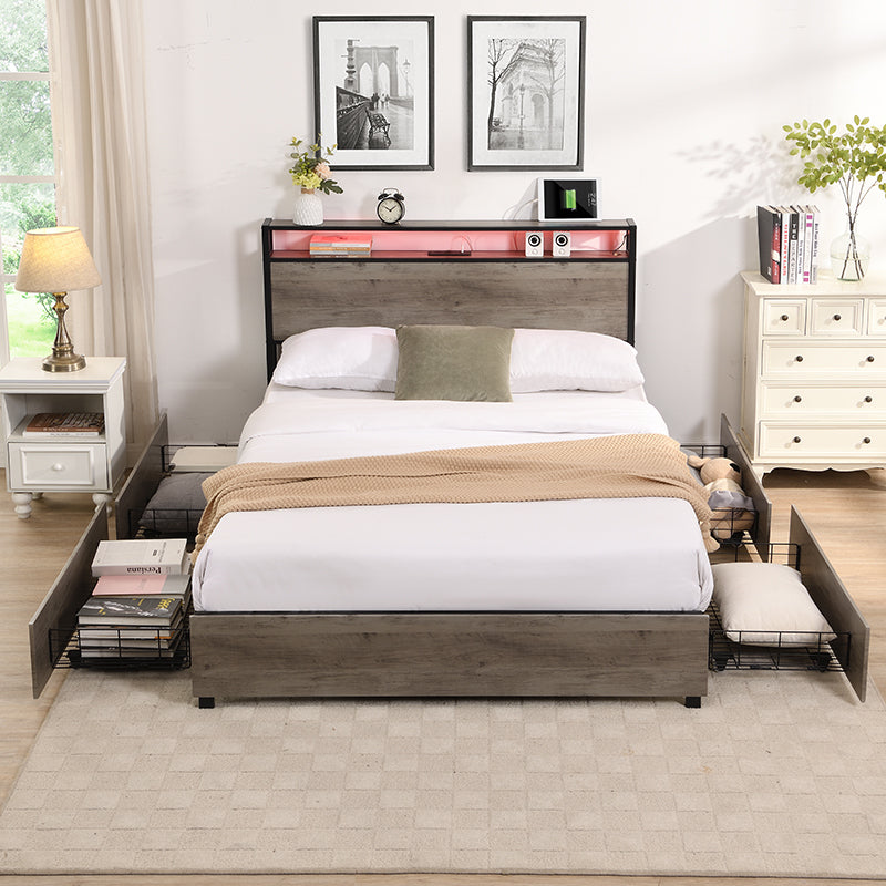Full Bed Frame, Storage Headboard with Charging Station, Solid and Stable, Noise Free, No Box Spring Needed, Easy Assembly - Grand Goldman Shop