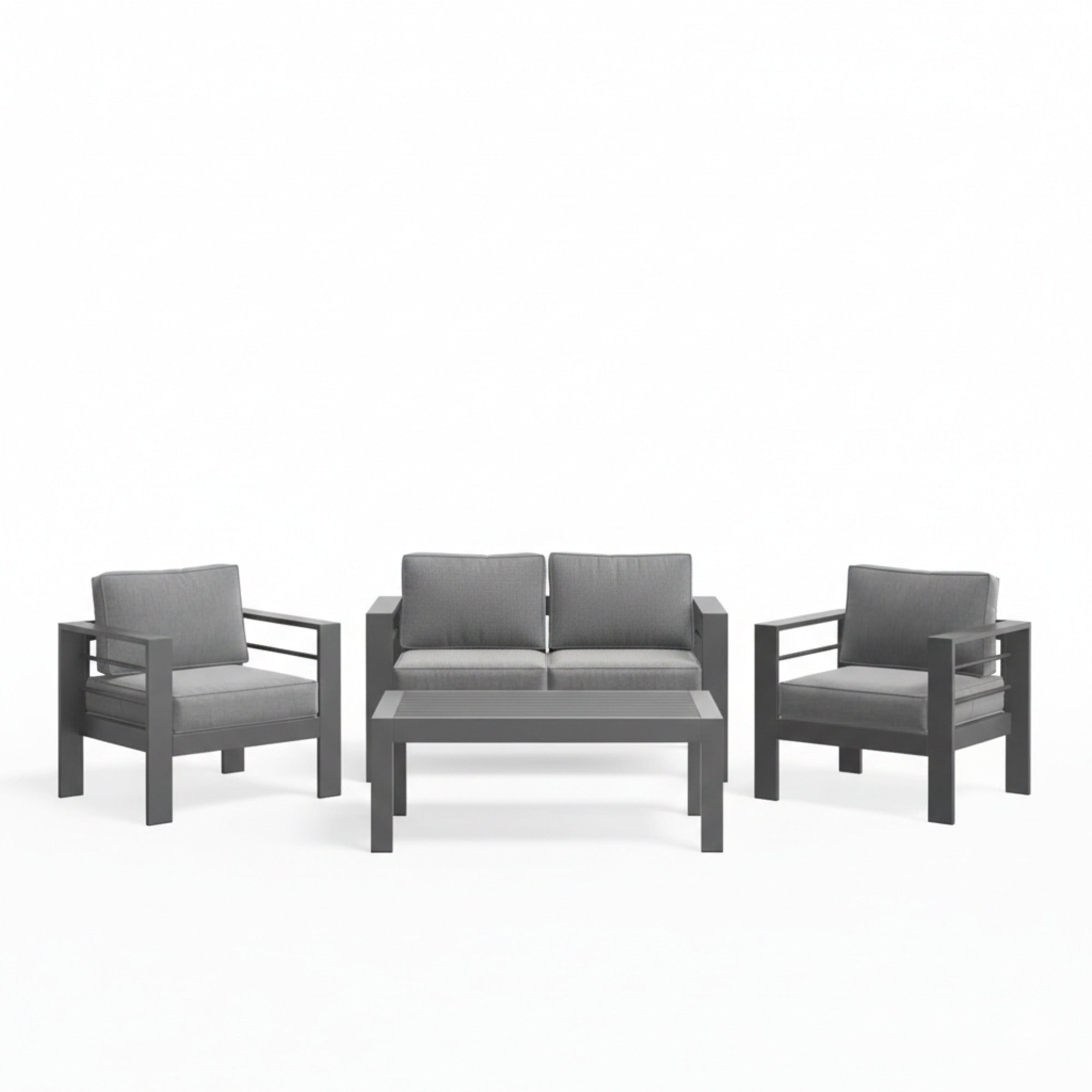 Modern All-Weather Metal Patio Furniture Set with 5-Inch Thick Gray Cushions, Gray Frame and Wood-Like Coffee Table