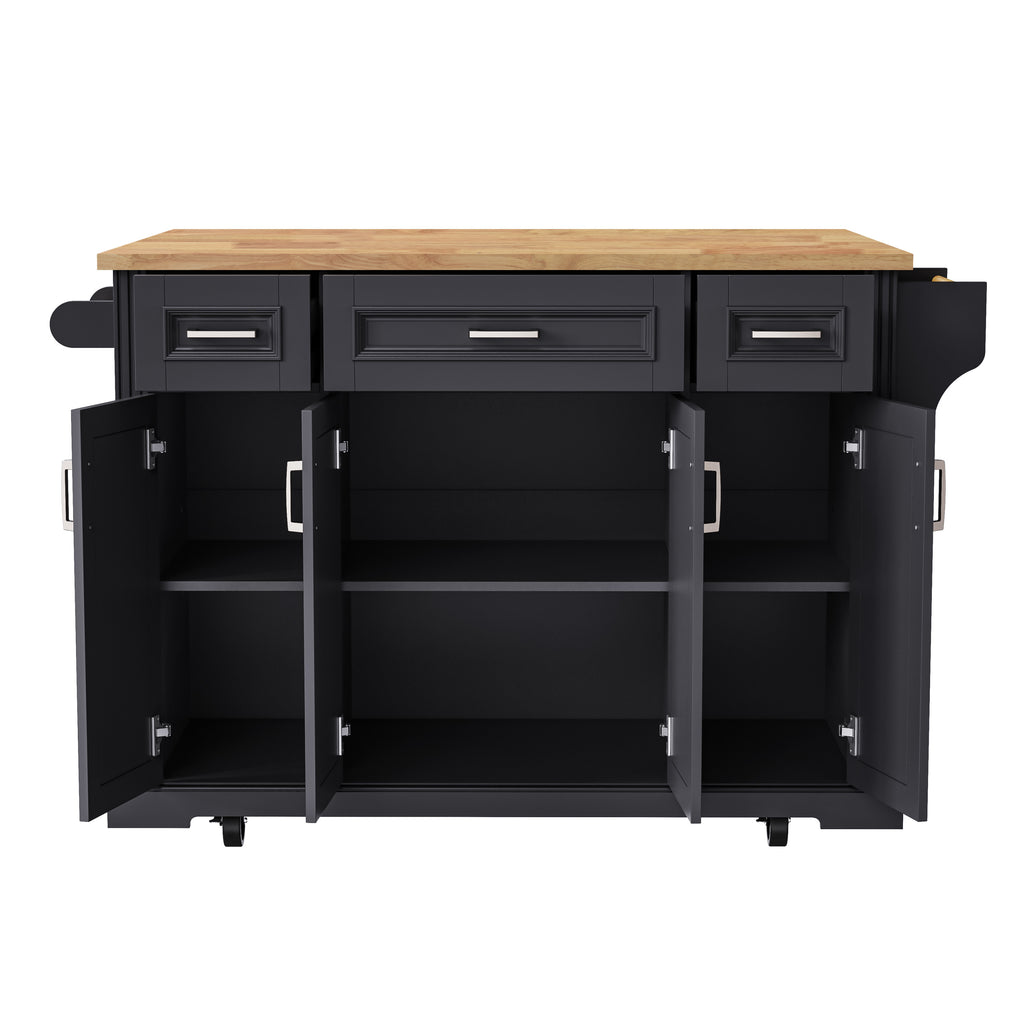K&K 54inch Large Kitchen Island with Rubber Wood Drop Leaf, Embossed Texture Rolling Kitchen Cart on 4 Wheels with 4 Doors and 3 Drawers, Kitchen Island with Storage for Kitchen, Dining Room,Black - Grand Goldman Shop