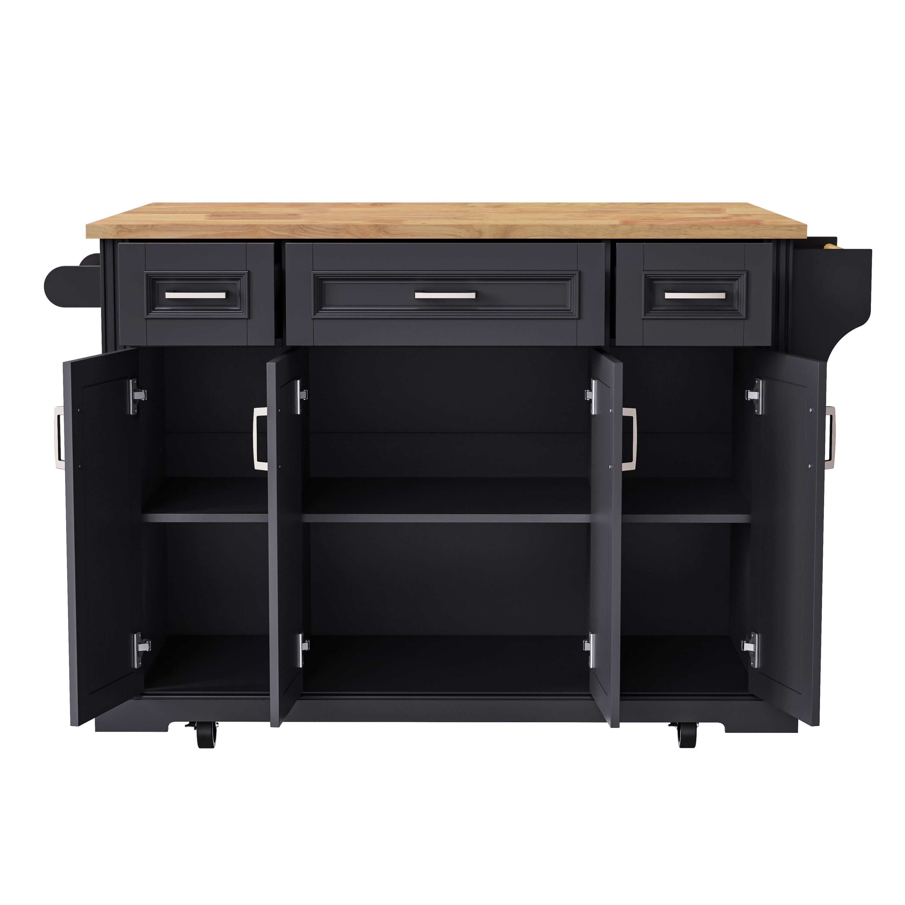 K&K 54inch Large Kitchen Island with Rubber Wood Drop Leaf, Embossed Texture Rolling Kitchen Cart on 4 Wheels with 4 Doors and 3 Drawers, Kitchen Island with Storage for Kitchen, Dining Room,Black - Grand Goldman Shop