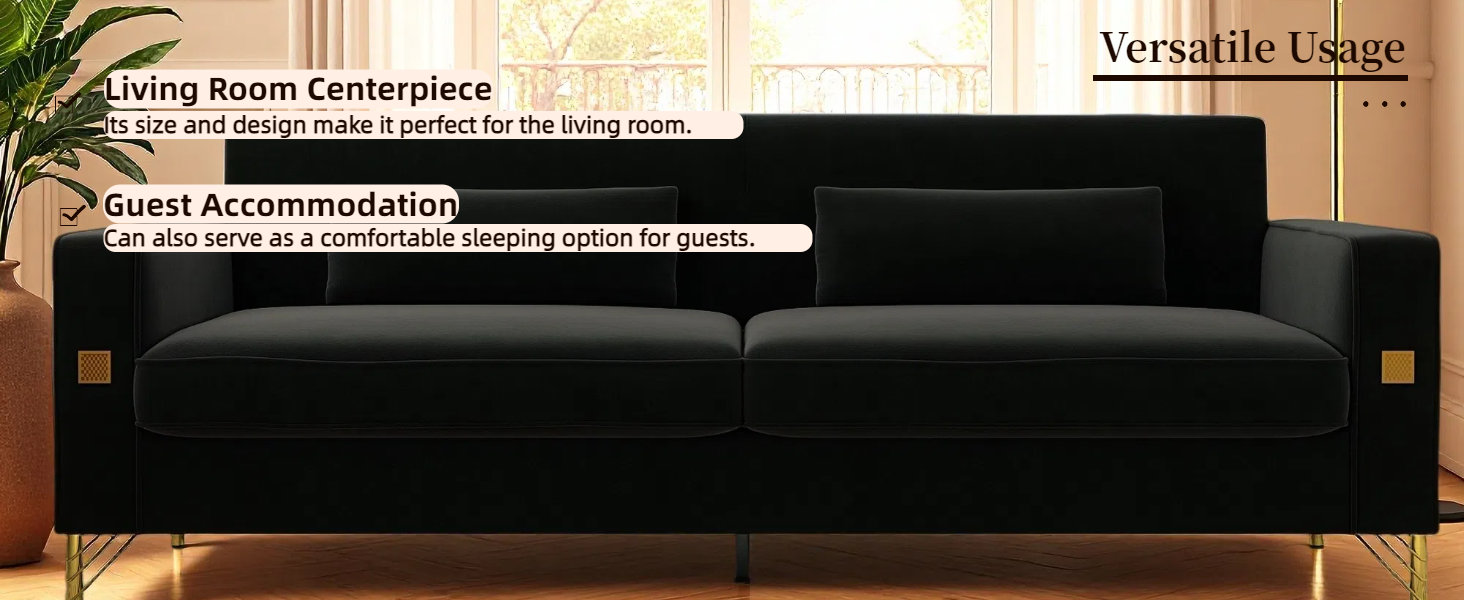 FX-P18-BK(sofa)Luxury Velvet Sofa with Gold Accents - Modern 3-Seat Couch with Plush Cushions, Perfect for Living Room and Office Decor - Grand Goldman Shop
