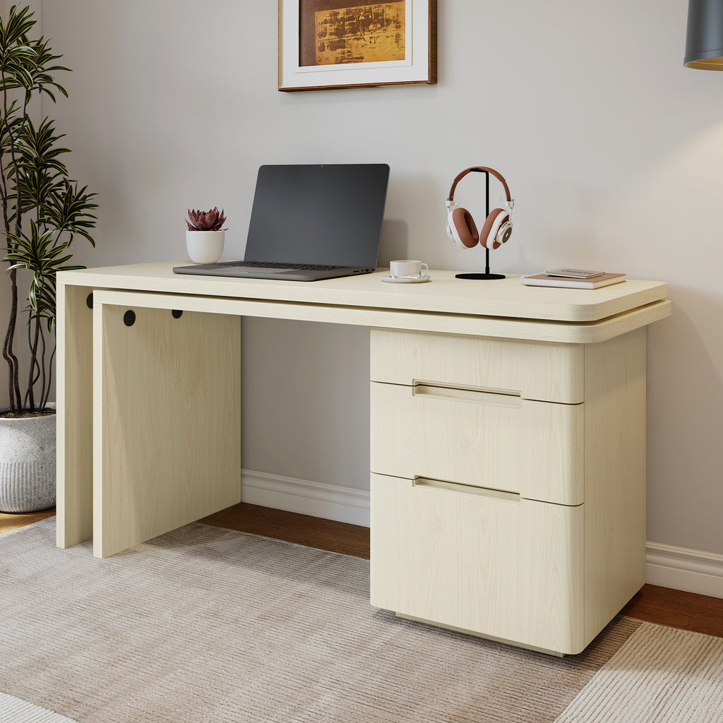90' Modern L Shaped Desk in Natural Wood with 3 Drawers,360° Wood Rotating Desk,Executive Office Desk,Corner Desk,Office Stud