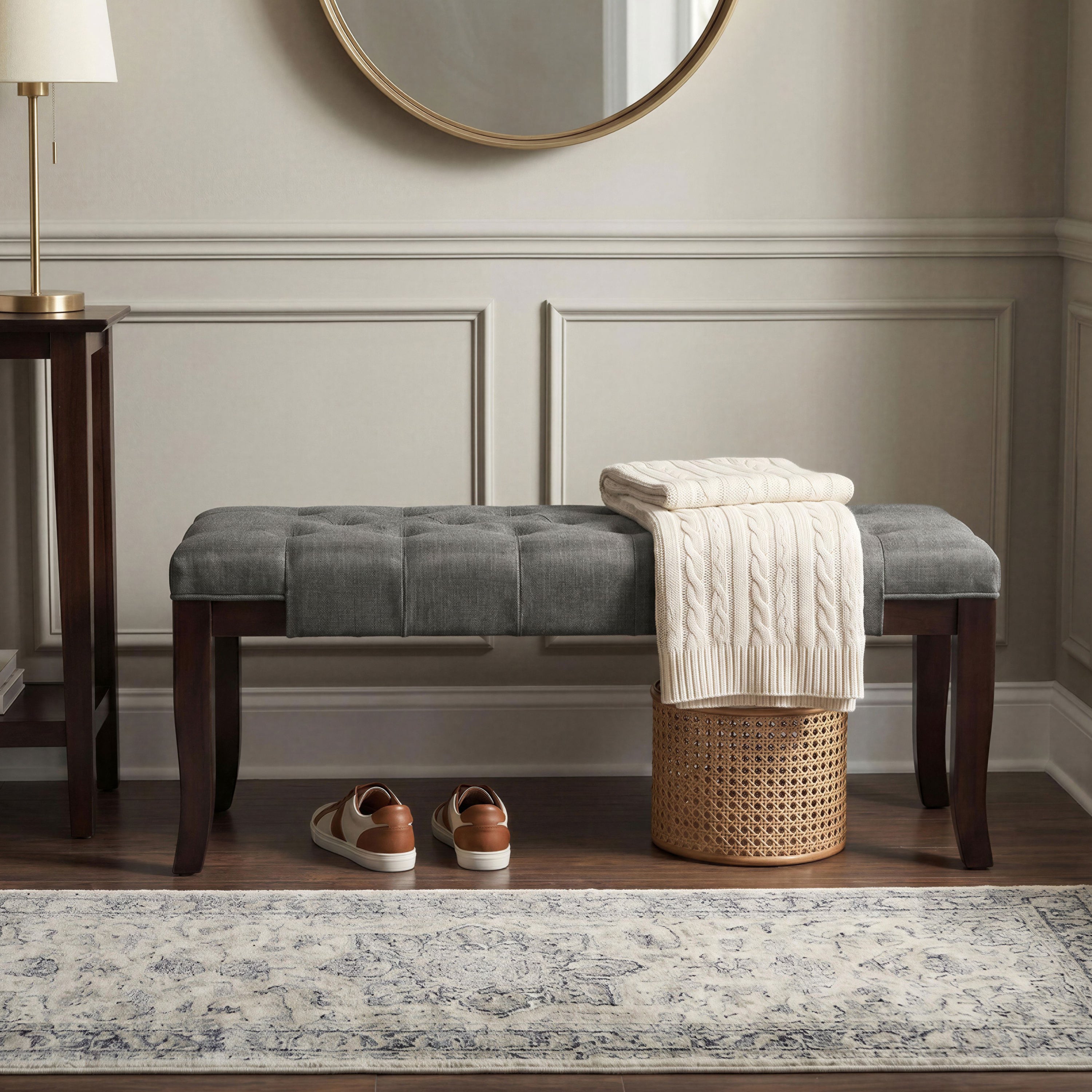 Linon Tufted Bench, Fabric, Gray - Grand Goldman Shop