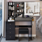 37' Middle Size Left Bedside Cabinet Vanity Table + Cushioned Stool Dresser Set, 2 AC+2 USB Socket, Hair Dryer Stand, Large Touch Control LED Sliding Mirror, 3-color Switch, EPA, GCC, UL Certificate - Grand Goldman Shop
