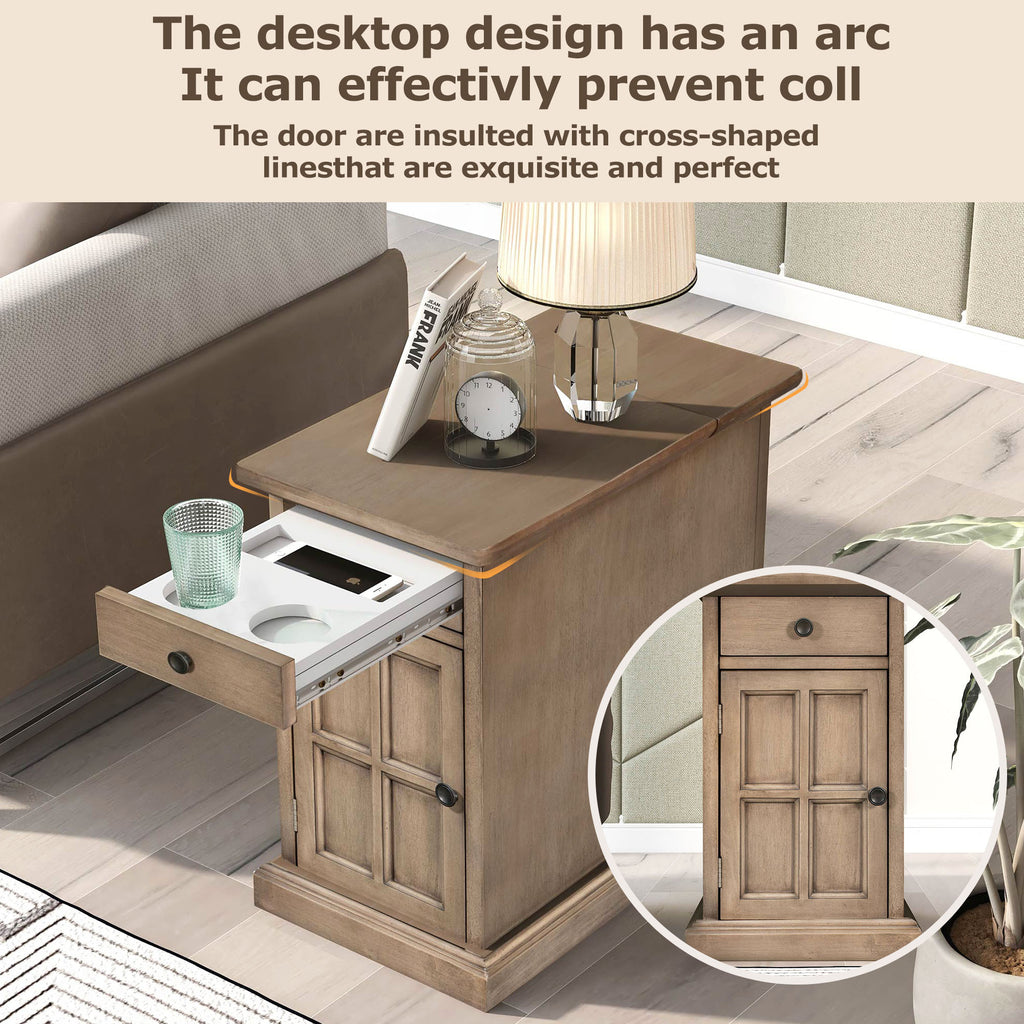 U-Can Classic Vintage Livingroom End Table Side Table with USB Ports and One Multifunctional Drawer with cup holders, Antique Brown (Old SKU: WF296294AAD) - Grand Goldman Shop
