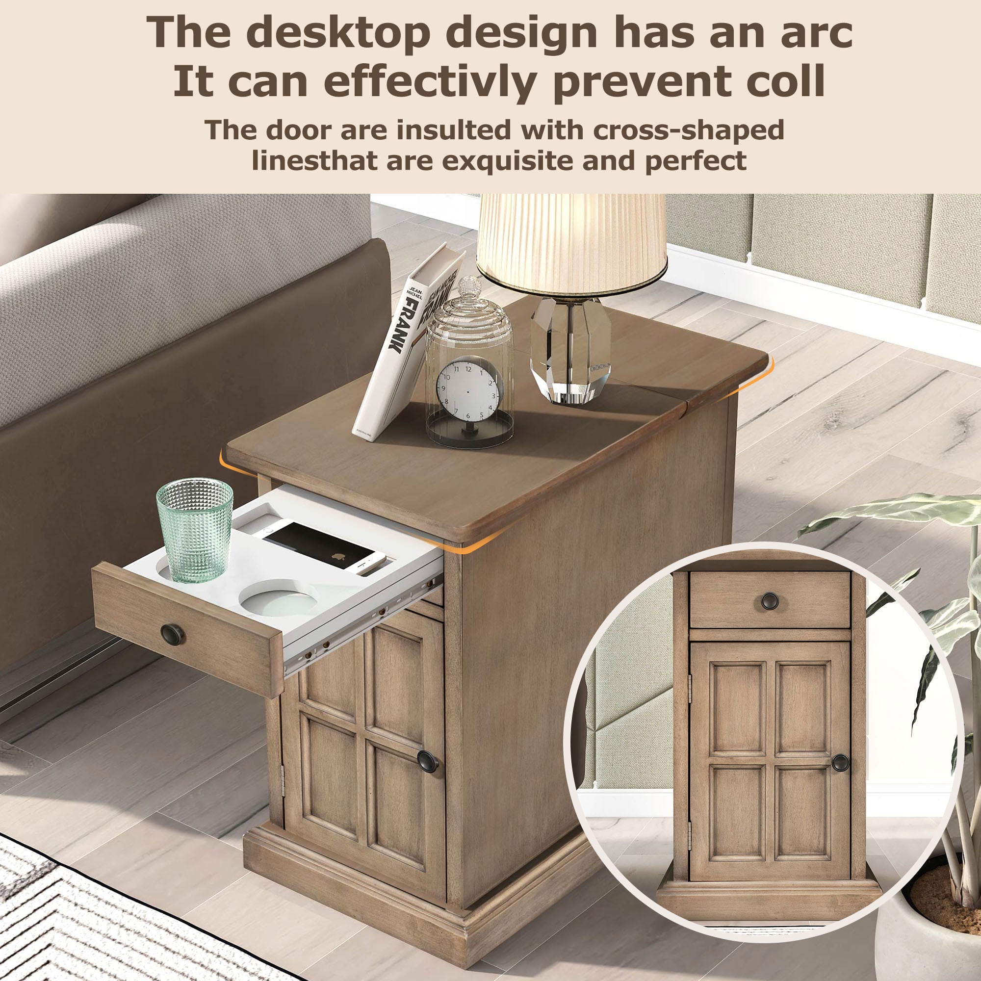 U-Can Classic Vintage Livingroom End Table Side Table with USB Ports and One Multifunctional Drawer with cup holders, Antique Brown (Old SKU: WF296294AAD) - Grand Goldman Shop