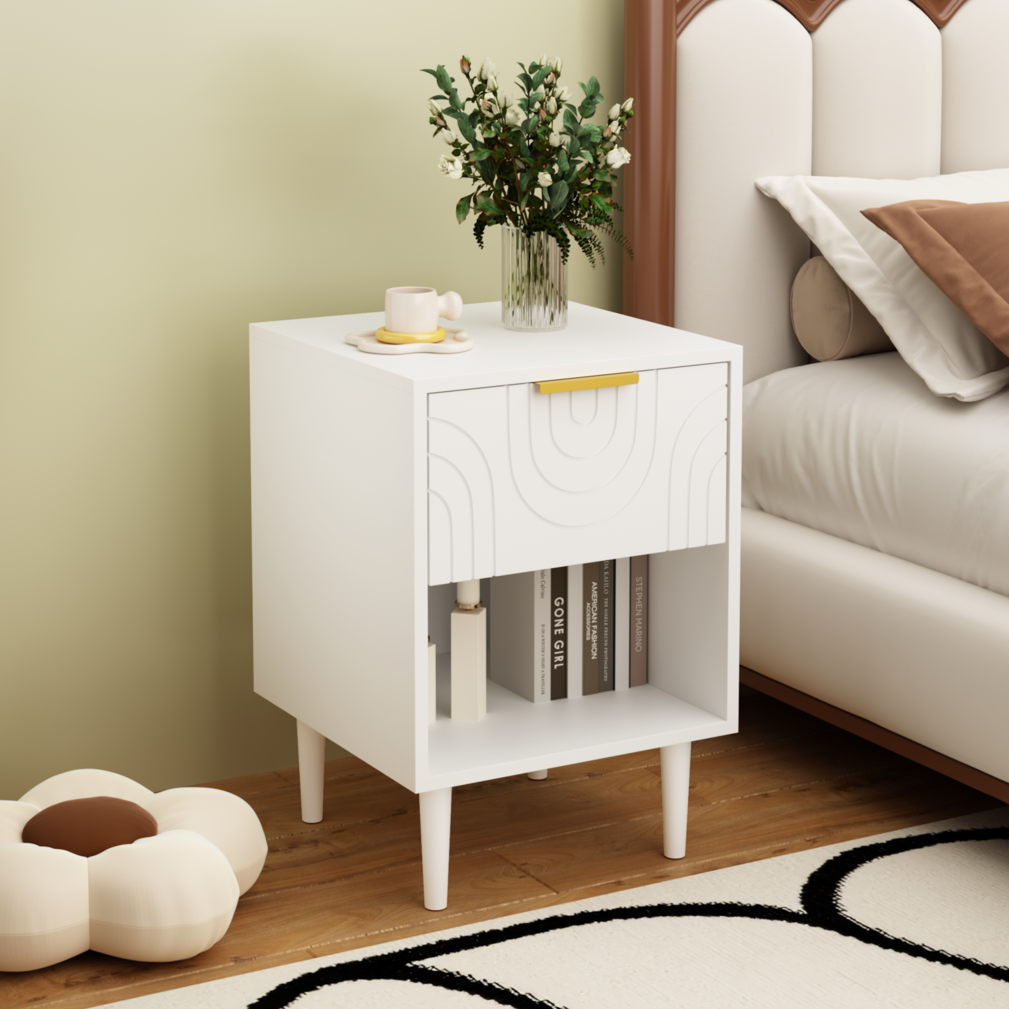Modern White Nightstand with One Drawer and Open Shelf, Gold-Accented Handle, 22.83'' H, MDF, White - Grand Goldman Shop