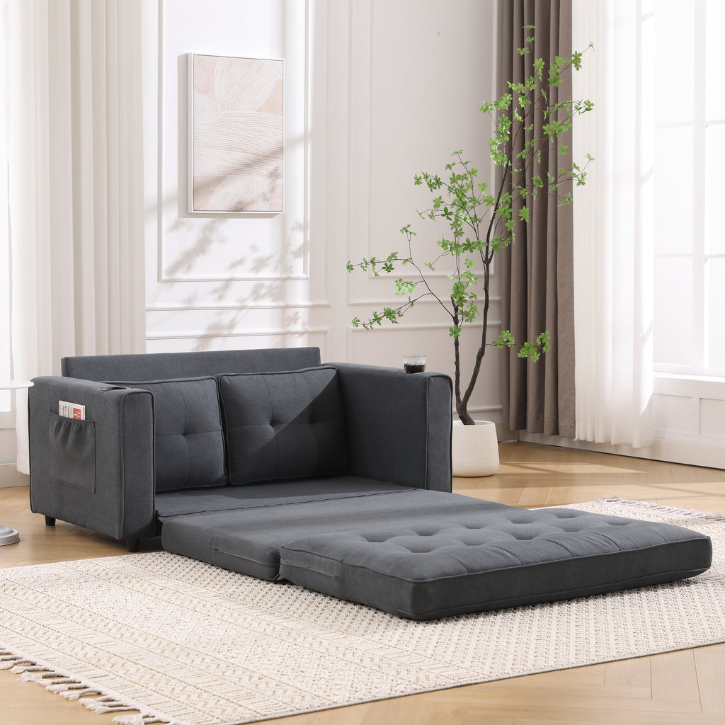 {VIDEO Provided}3-in-1 Upholstered Futon Sofa Convertible Sofa bed,Foldable Tufted Loveseat with Pull Out Sleeper Couch Bed,Folding Mattres Love Seat Daybed W/Side Pockets and Cup Holder, Dark Gray - Grand Goldman Shop